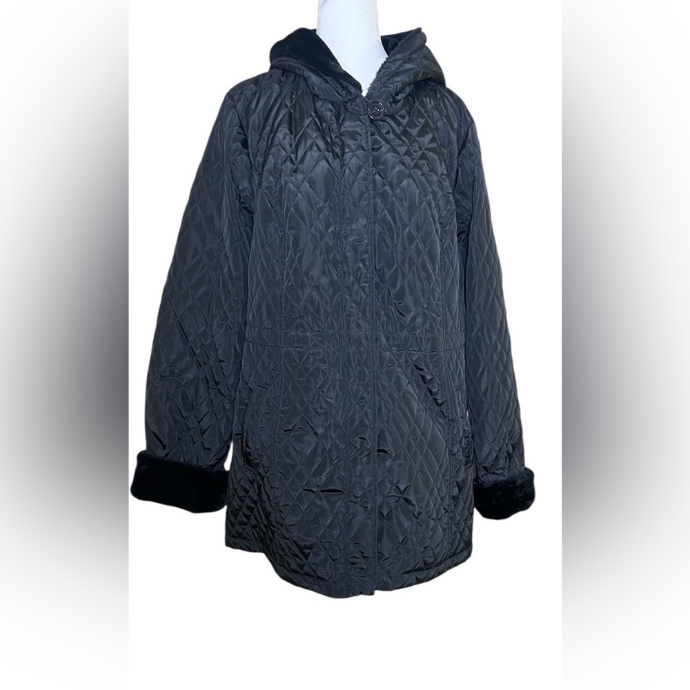 Dennis Basso NEW Women's XL Black Quilted Faux Fur Trim Hooded Coat‎ Drawstring